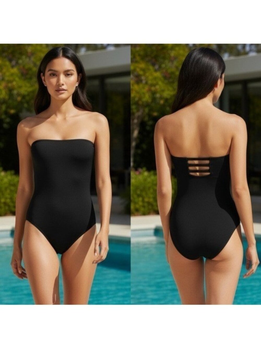 10L Lands end Bandeau High Leg Strappy One Piece Swimsuit Black